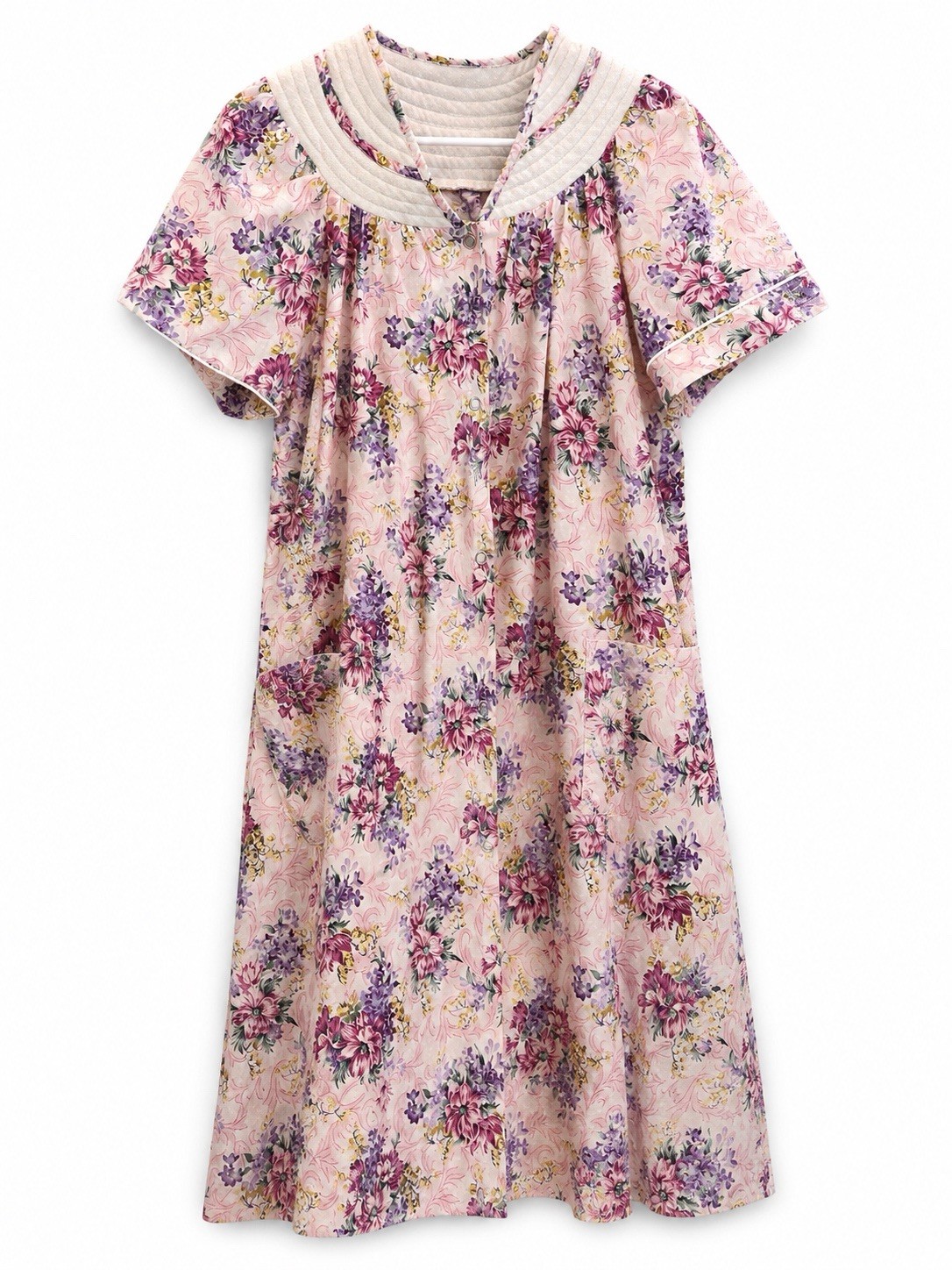 Vintage Floral House Dress Duster Robe Snap Front Quilted Collar Pockets