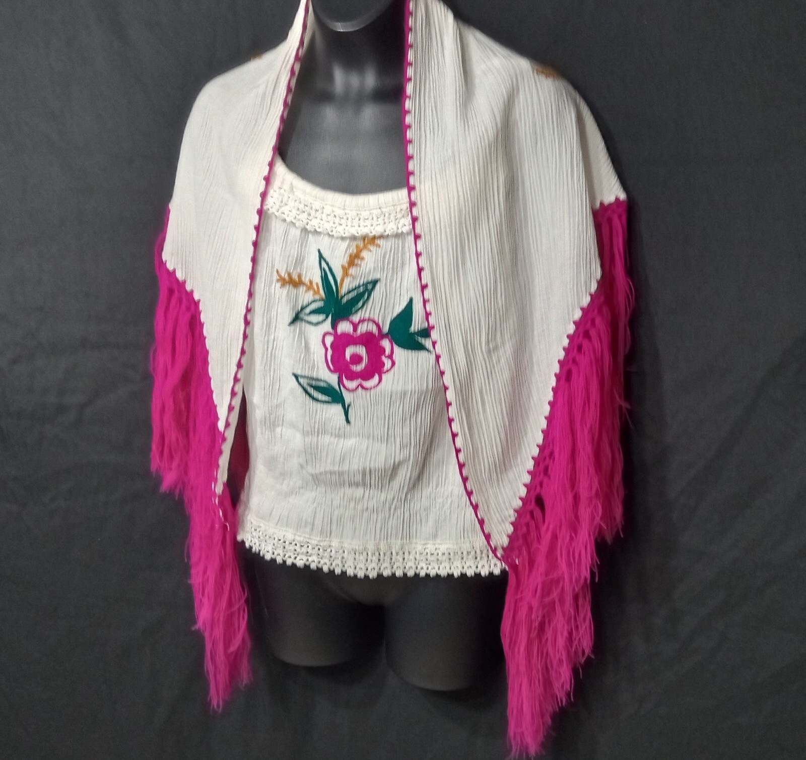 Mediterranean VTG Embroidered Floral & Fringes Women’s Outfit skirt top scarf