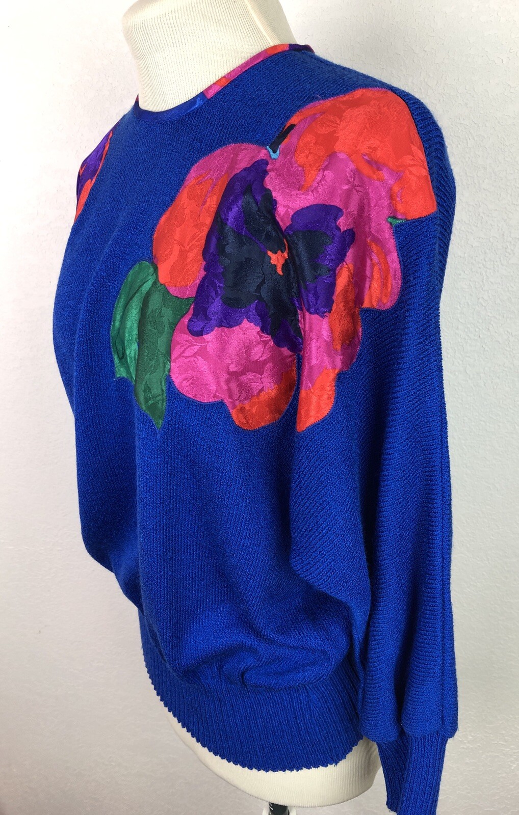 VTG 1980s Sweater Sz 8 Medium Anthony Sicari Bold Colors Flowers Dolman Slv USA