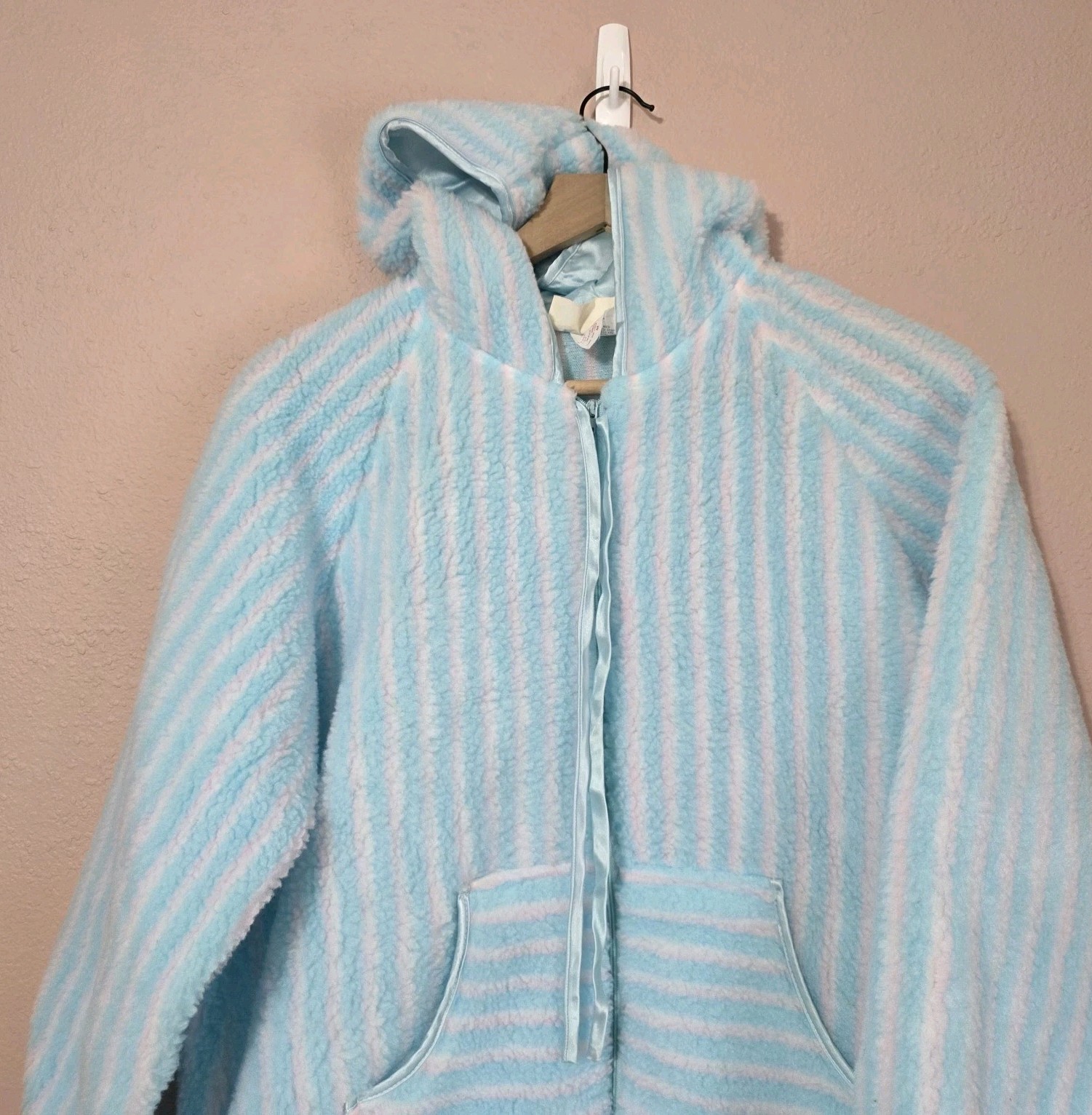Borg Womens Vintage 60s Hooded Teddy Fleece Plush Zip Front House Coat Size Med