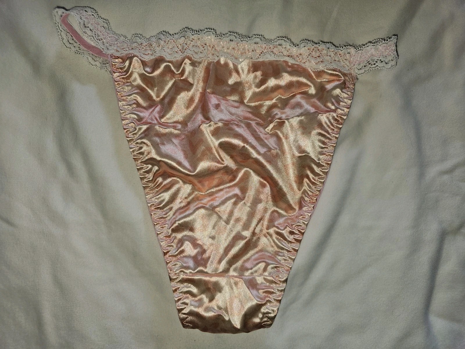 Vintage Girly Glossy Satin String Bikini Light Pink Panties. Size Large