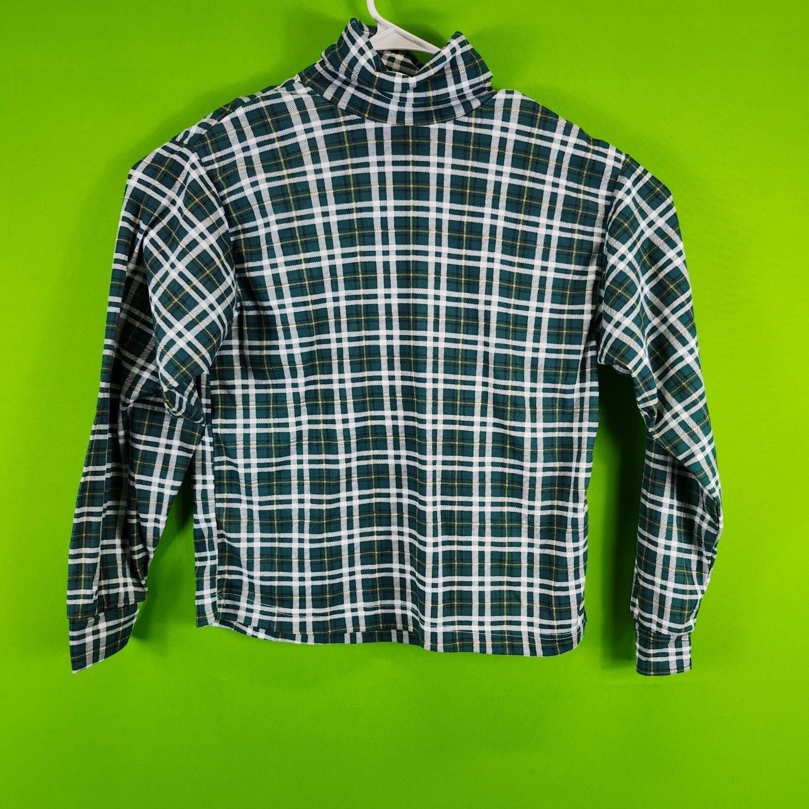 Women’s Vintage Manframe Plaid Turtleneck Long Sleeve Shirt Large Green & White