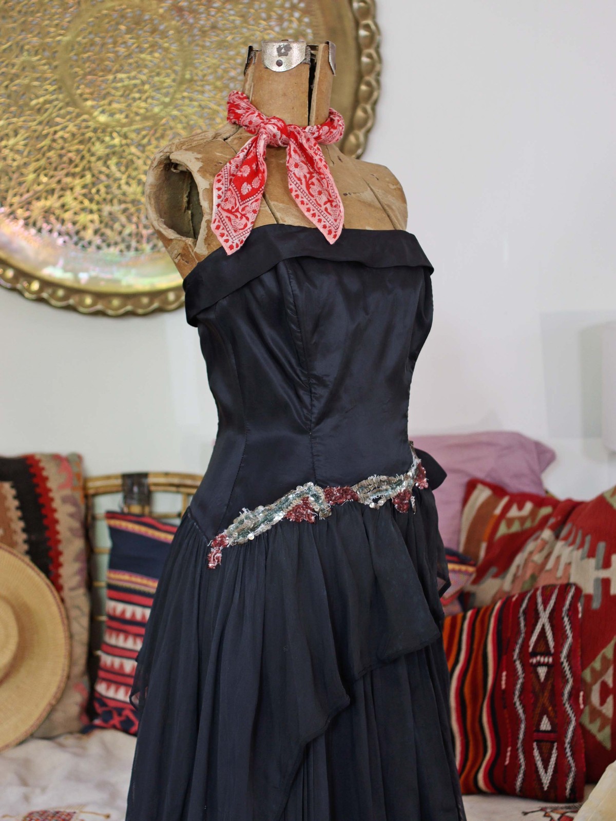 VTG 1940s Black Strapless Gown 40s Formal Evening Prom Dress Peplum Skirt Sequin