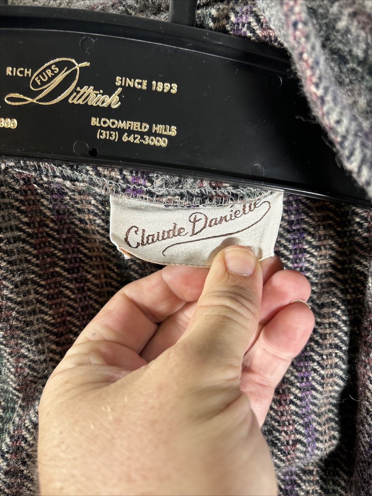 Vintage Claude Danielle Tweed Hooded Poncho Cape Grey Purple Red Women L-XXL