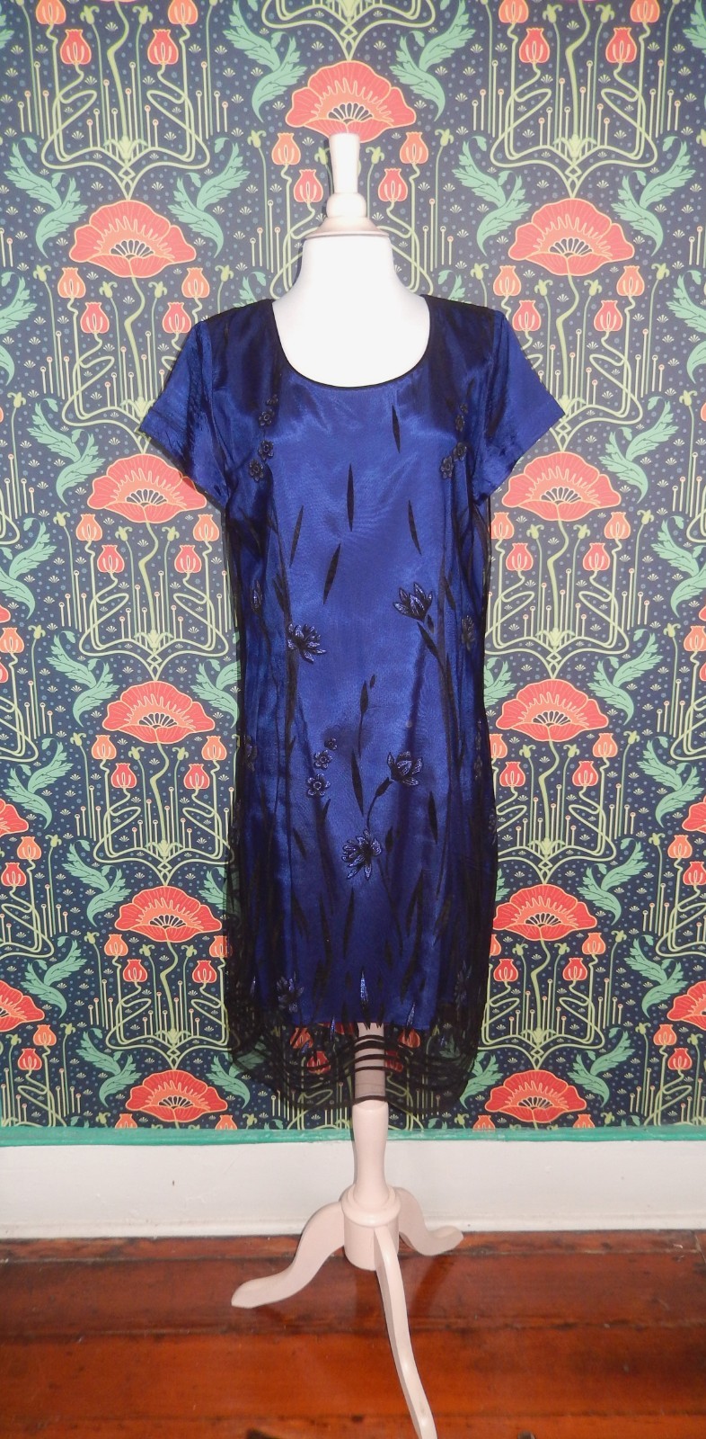 Vintage 90’s Y2K Whimsigoth Blue Black Flocked Velvet Mesh Shift Dress L/XL