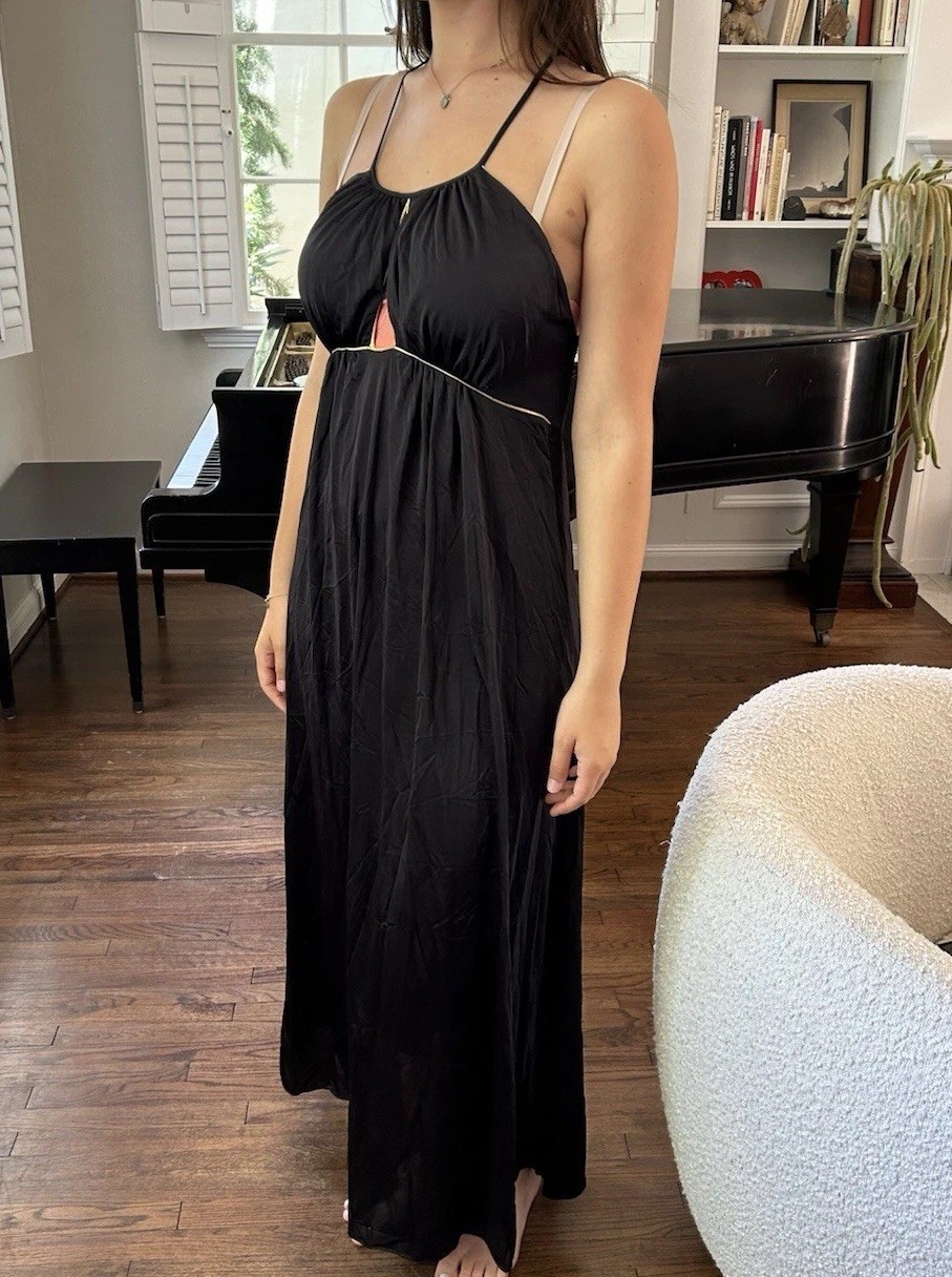 Vtg 60s Lily Of France L Nightgown Maxi Nylon Black Gold Trim Keyhole Low Back