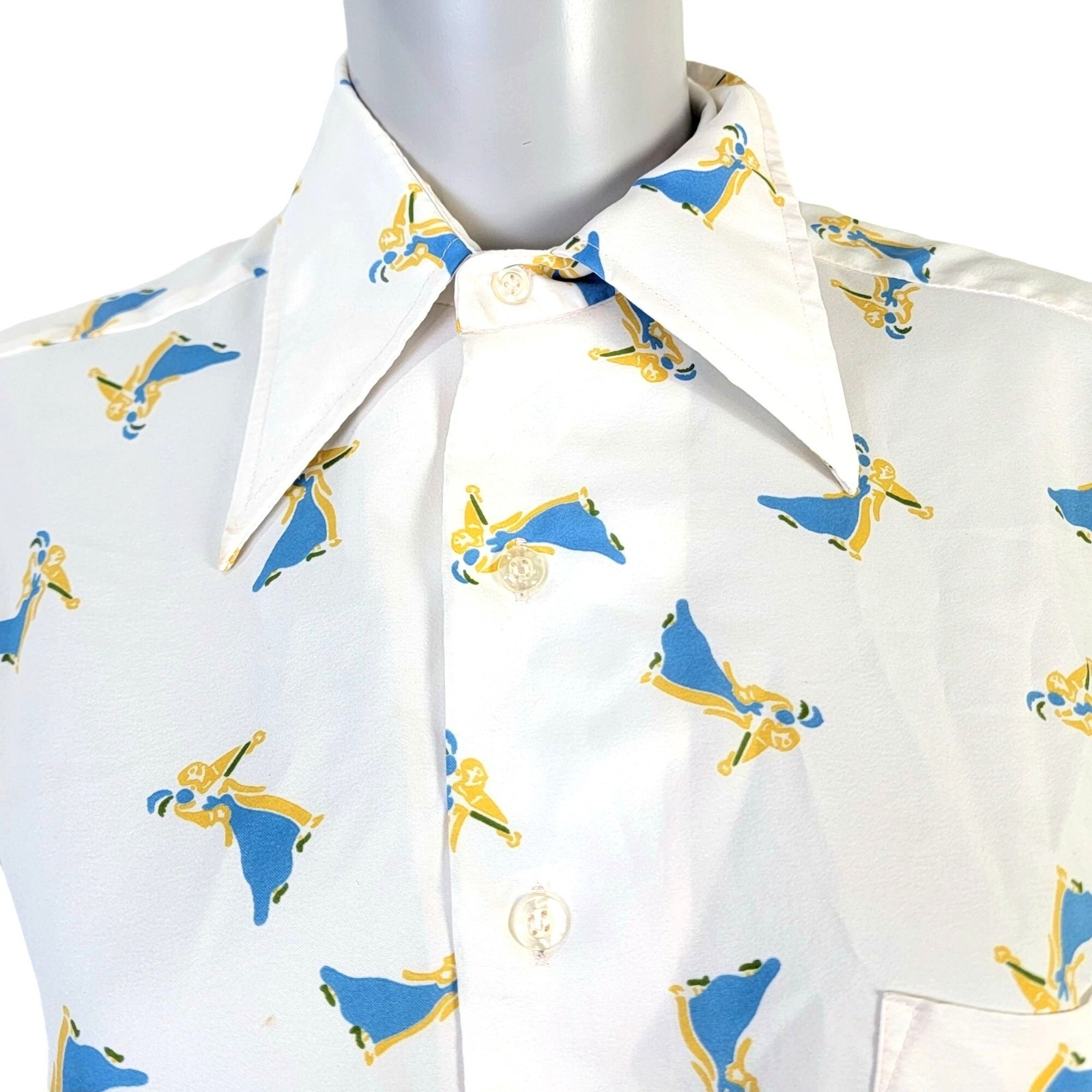 Vintage 70s Ballroom Dancer Shirt Women Large White Blue Button Top Blouse Retro