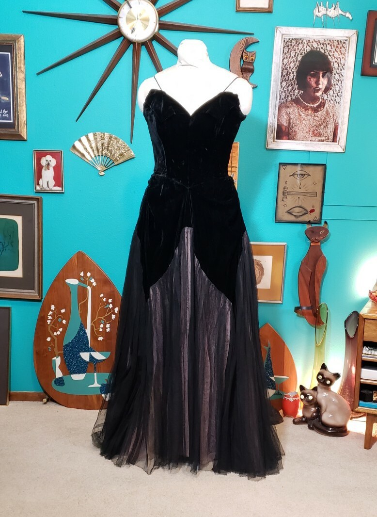 VTG 1930s/40s vamp goth sweetheart silk velvet tulle maxi dress *as is*