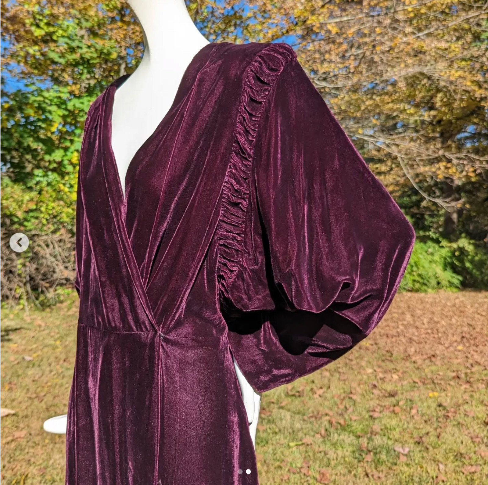 Vintage 30s Wine Purple Silk Velvet Wrap Gown w Ruched Dolman Sleeves + Train