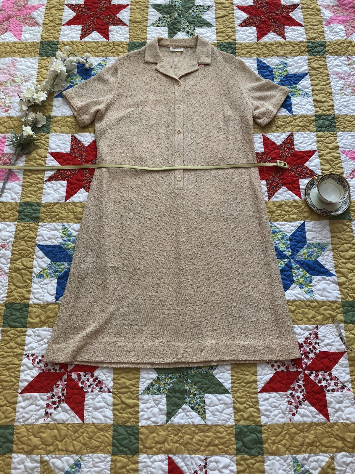 Vintage 1960’s Amy Adams Knits Mod Gogo Tan Union Made Dress With Belt