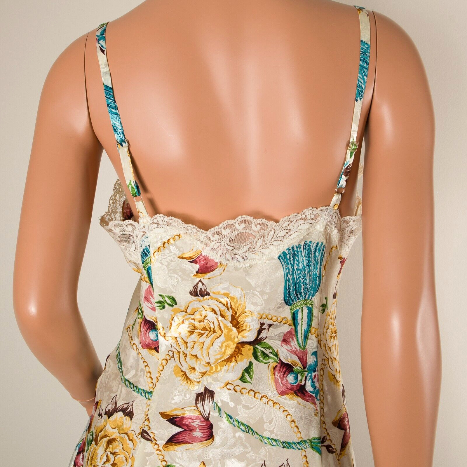 💖 Vintage Women Nightgown Yellow Red Floral Chemise Satin Nightie Lace Trim 36