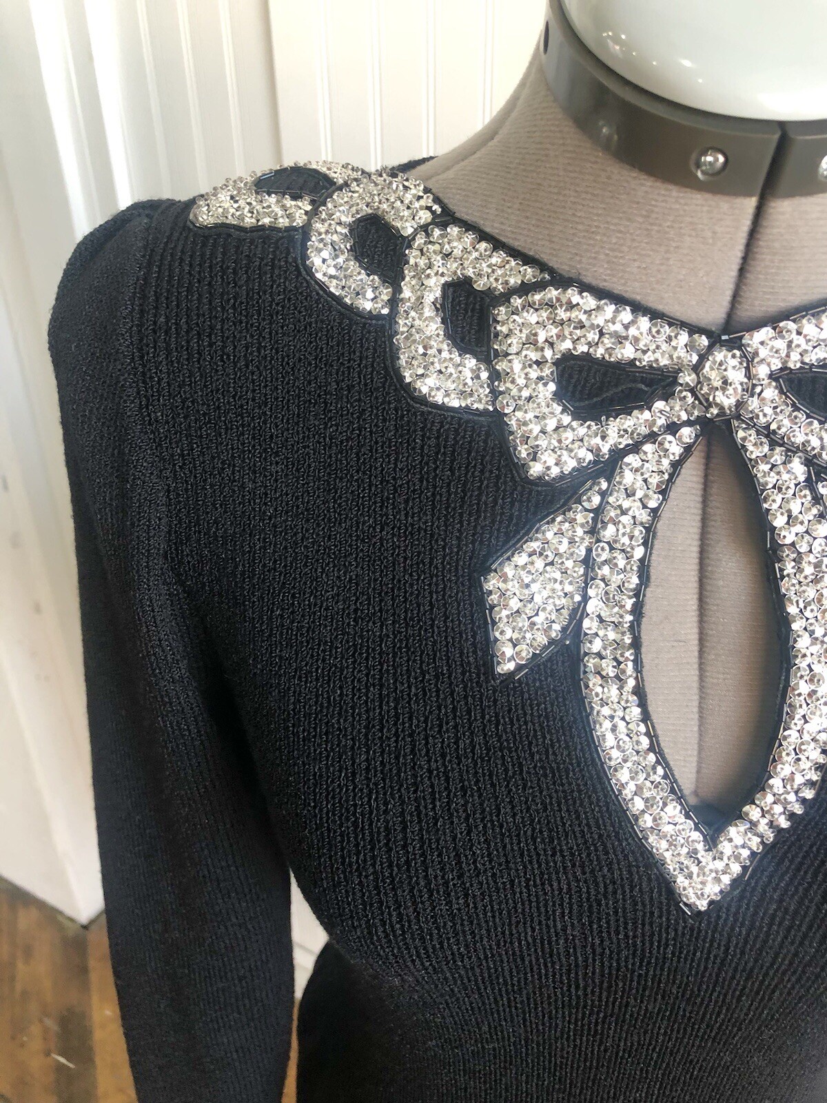 Vintage Black Knit Don Sayers For Wellmore Dress Silver Sequin Bow, *New Year’s
