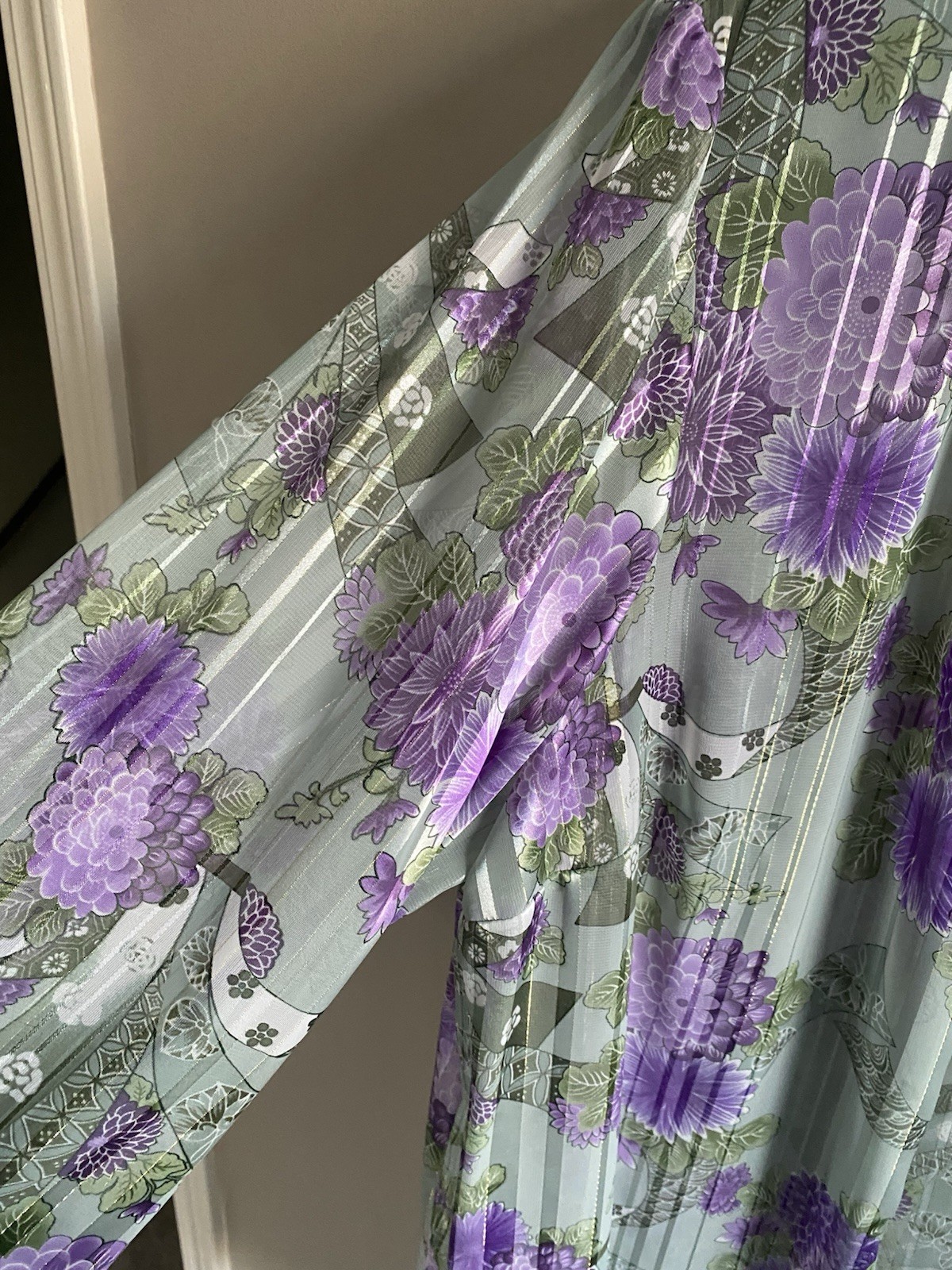 Vtg Anna Maxwell Womens Robe 24W Sage Purple Floral Semi-shear Duster Kimono