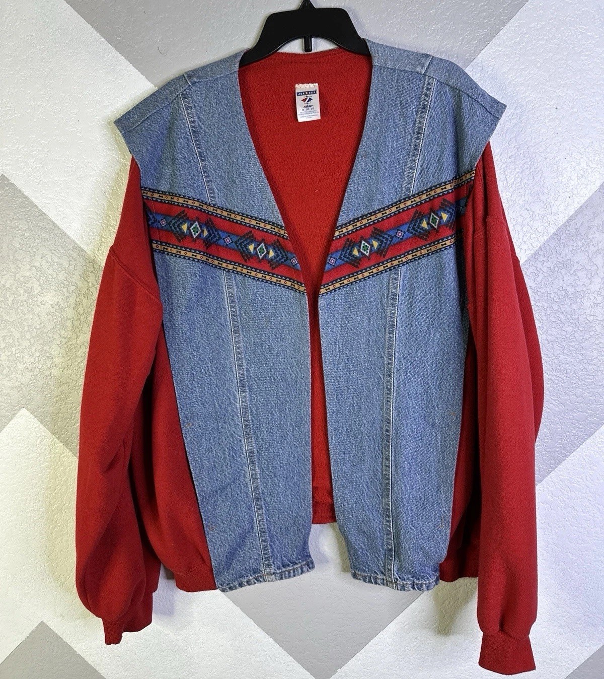 Jerzees Womens Red Denim Tribal Jacket Open Front Reworked 90s 3XL Handmade Vtg