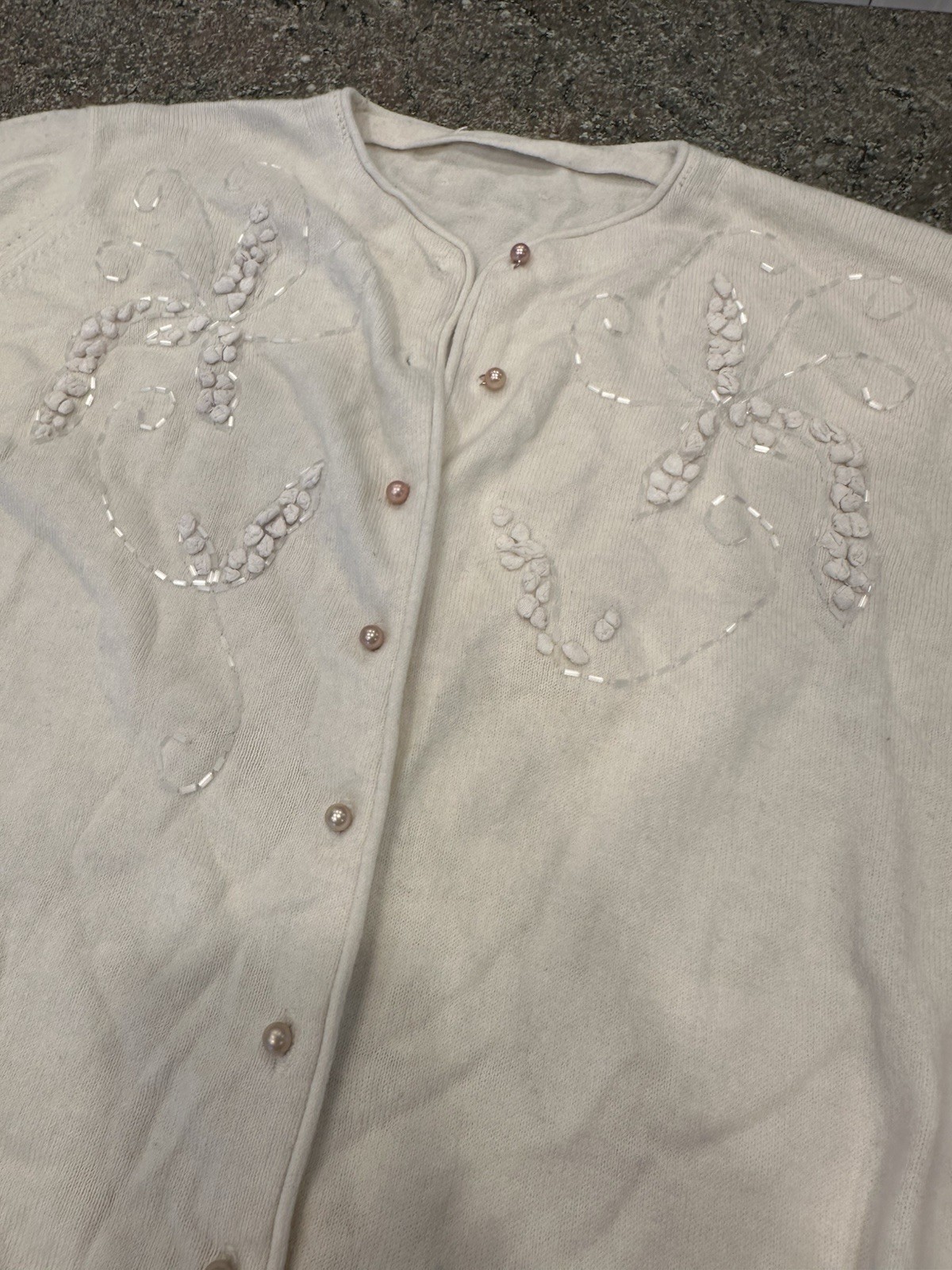 1950s Ivory Cardigan Pear Beaded Wedding Bridal Honeymoon Wool Sweater 50s VTG