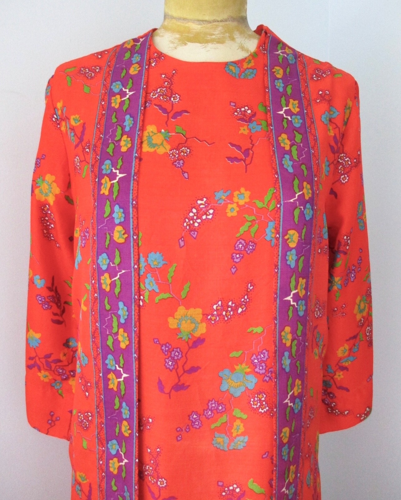 Vtg 60s 70s Tomato Red Purple Silky Maxi Robe Loungewear Pocket Layered Duster M
