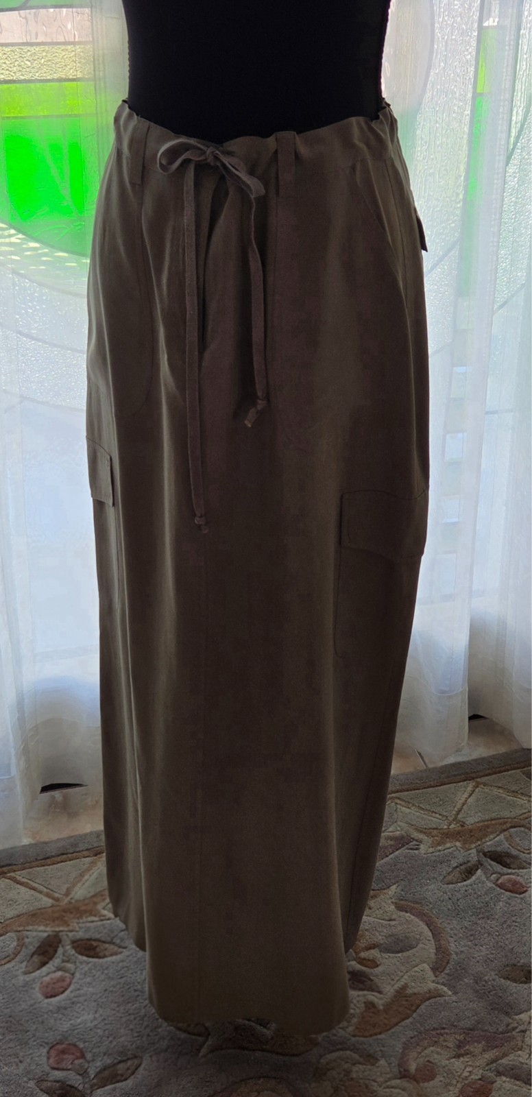 Vintage Carole Little Maxi Khaki Green Silk Cargo Skirt with adjustable waist