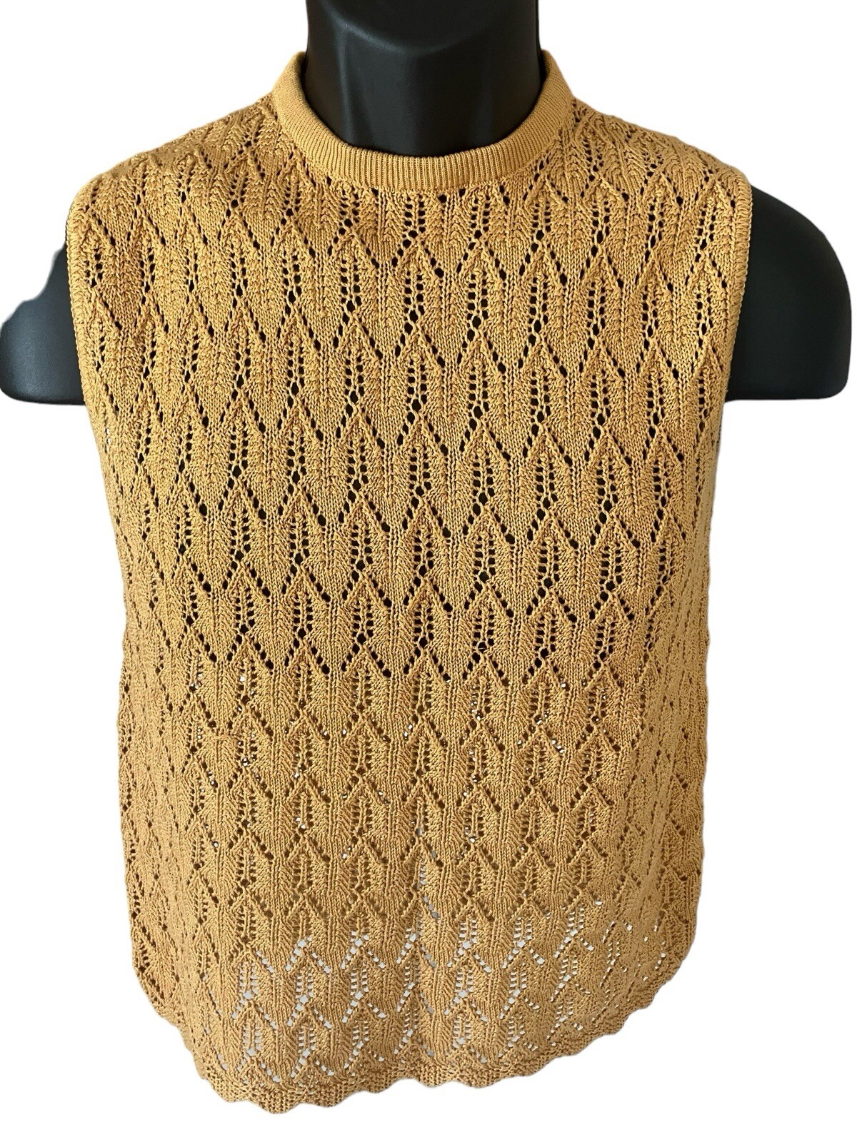 Sportempos Open Knit Sweater Women’s Medium Gold 1/4 Zip Back Sleeveless Vintage