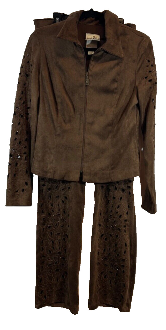 Vintage Joseph Ribkoff 6 Faux Brown Suede Pantsuit With Floral Cut OutsTrim D46