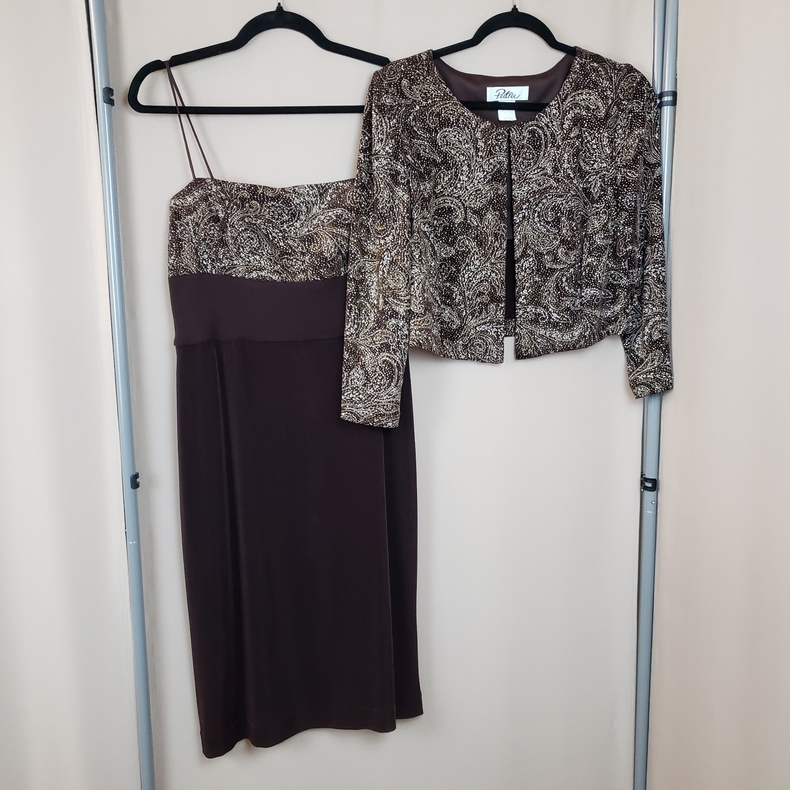 90s Cocktail Dress & Bolero Jacket Sz 10 Brown Knit Sparkle Beads Vintage USA