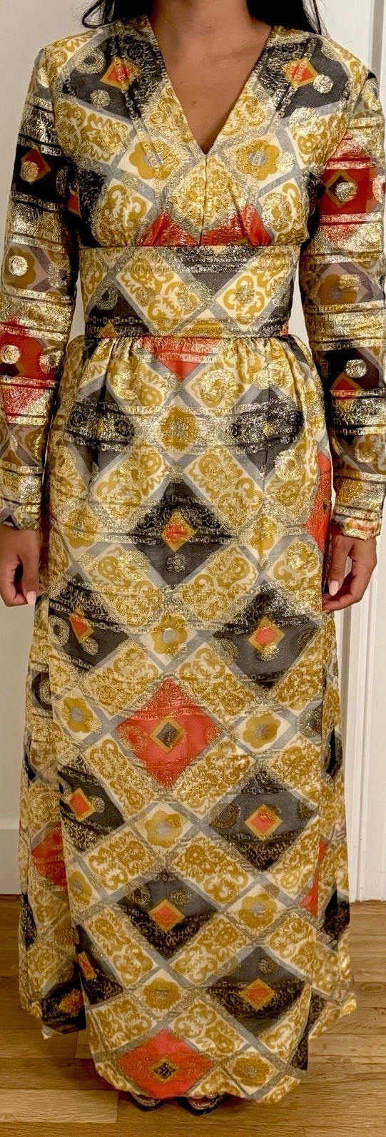 Vintage 70s Joseph Magnin Metallic Brocade Maxi Dress Gold Lurex Evening Gown