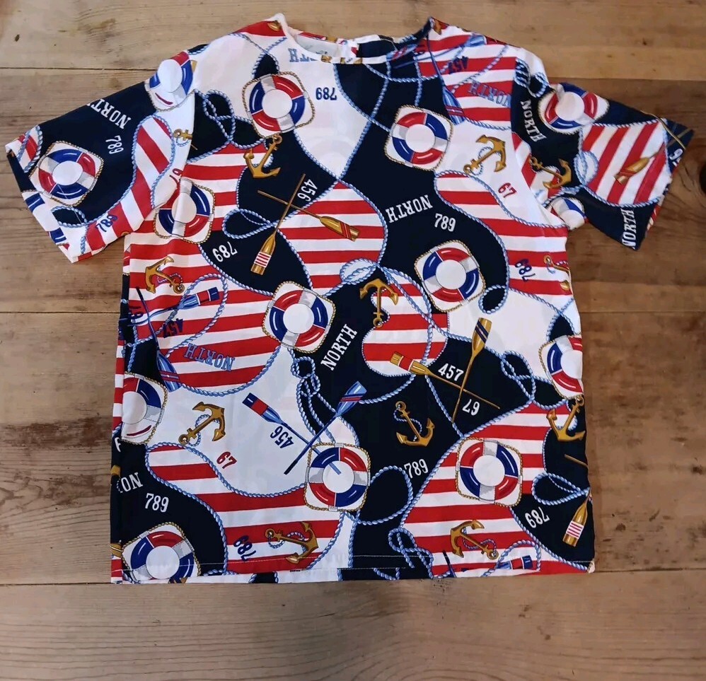 Vintage Kathie Lee Womens 6 Blouse Nautical Ocean Marine Coastal Blue Red Sheer