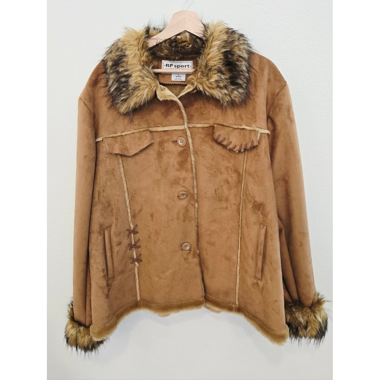 Vintage RP Sport Faux Fur Suede Jacket Brown Boho Penny Lane size 1X Western y2k