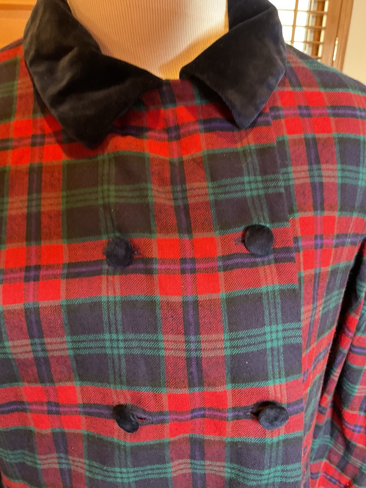 Laura Ashley VTG Wool Tartan Plaid Dress Sz 12 Red Velvet Modest Darker Colored
