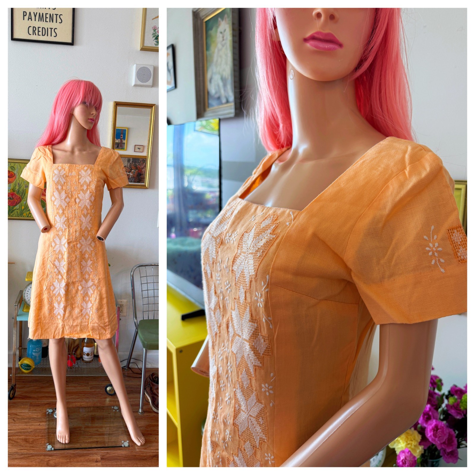 🍑 Vtg 50s Peach Embroidered Linen Shift Dress Jackie O Mad Men Mod Wiggle M L