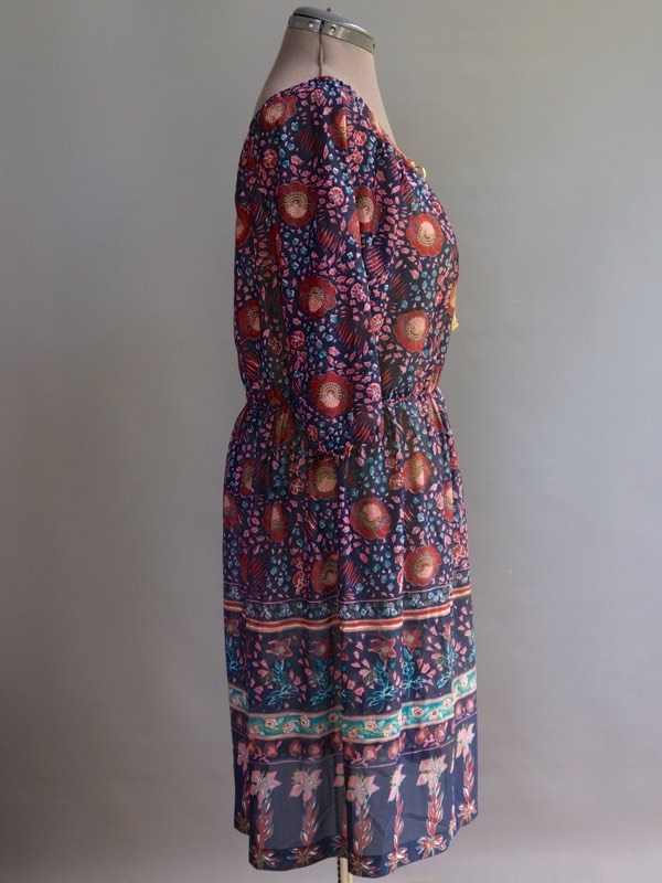 VTG 70s Tabby Hippie Festival Boho Peasant Dres Elastic Off Shoulder Collar L