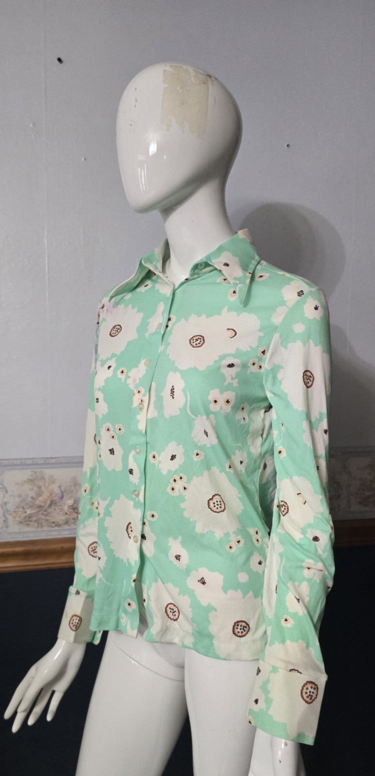 70s Mint Green Floral Disco Shirt Dagger Collar Fits Modern XS/S (Tagged L)