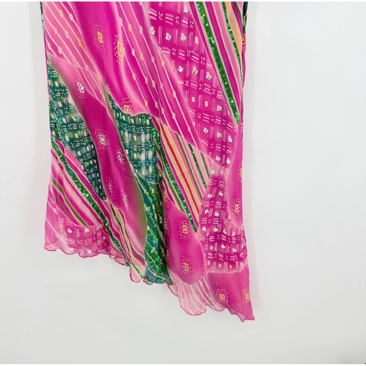 Michelle Antonelli Silk Halter Dress Womens 10 Pink Green Y2K Asymmetrical