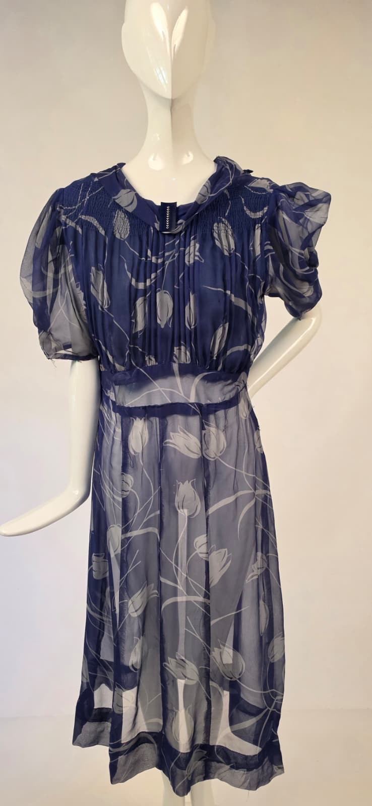1930’S TULIP PRINT SILK CHIFFON DRESS W PUFF SLEEVES – AS ACQ