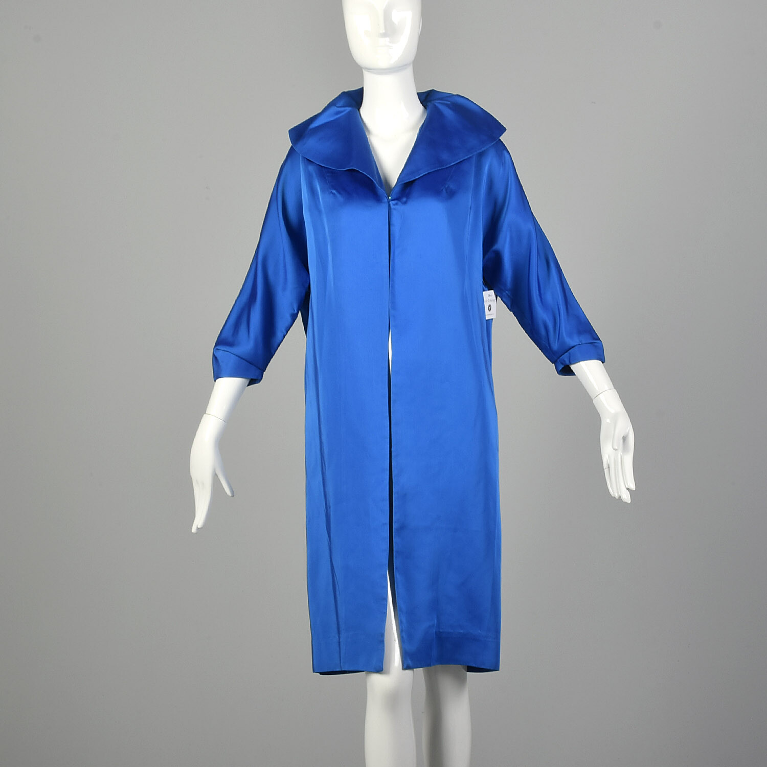 Small 1950s Clutch Coat Blue Satin Bracelet Batwing Sleeves Wide Collar VTG 50s
