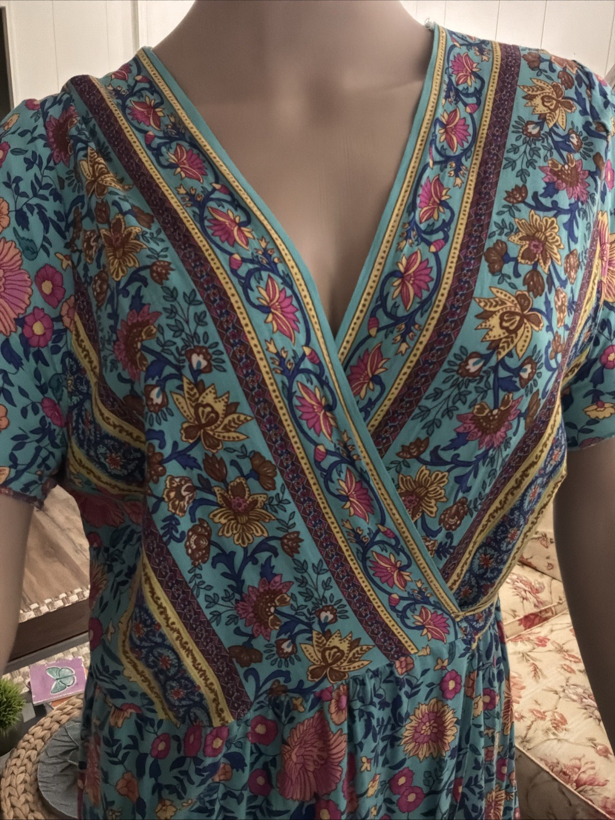 VINTAGE Hippie Women’s Wrap Dress Floral V-Neck Tiered Hemline Boho Size XXL