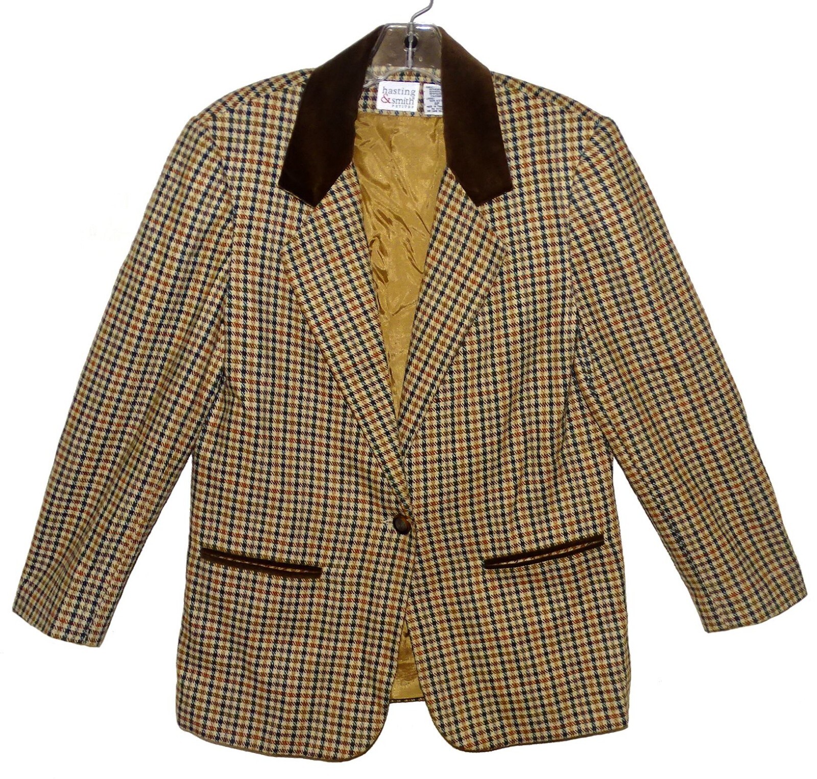 Sz 8P Vintage Hasting & Smith Petites 1-Button Blazer Tan Plaid Wool Mix