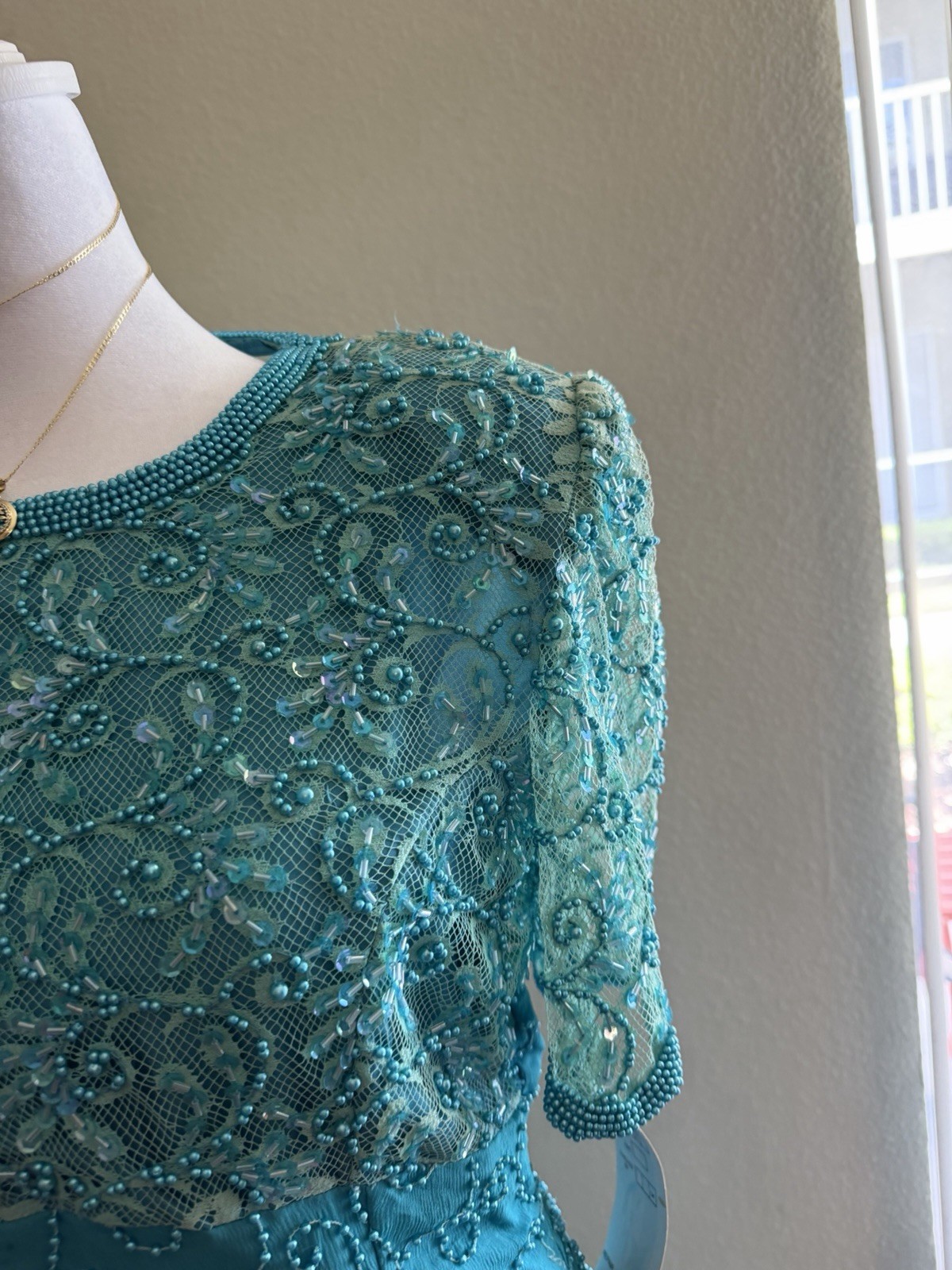 Creative Creations Vintage 100% Silk Dress – Teal Blue Beaded Embroidered Size 8