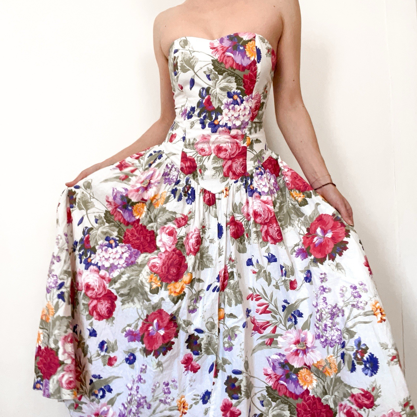 Vintage 80s Strapless Basque Waist Floral Midi Dress with Pink & Purple Blooms