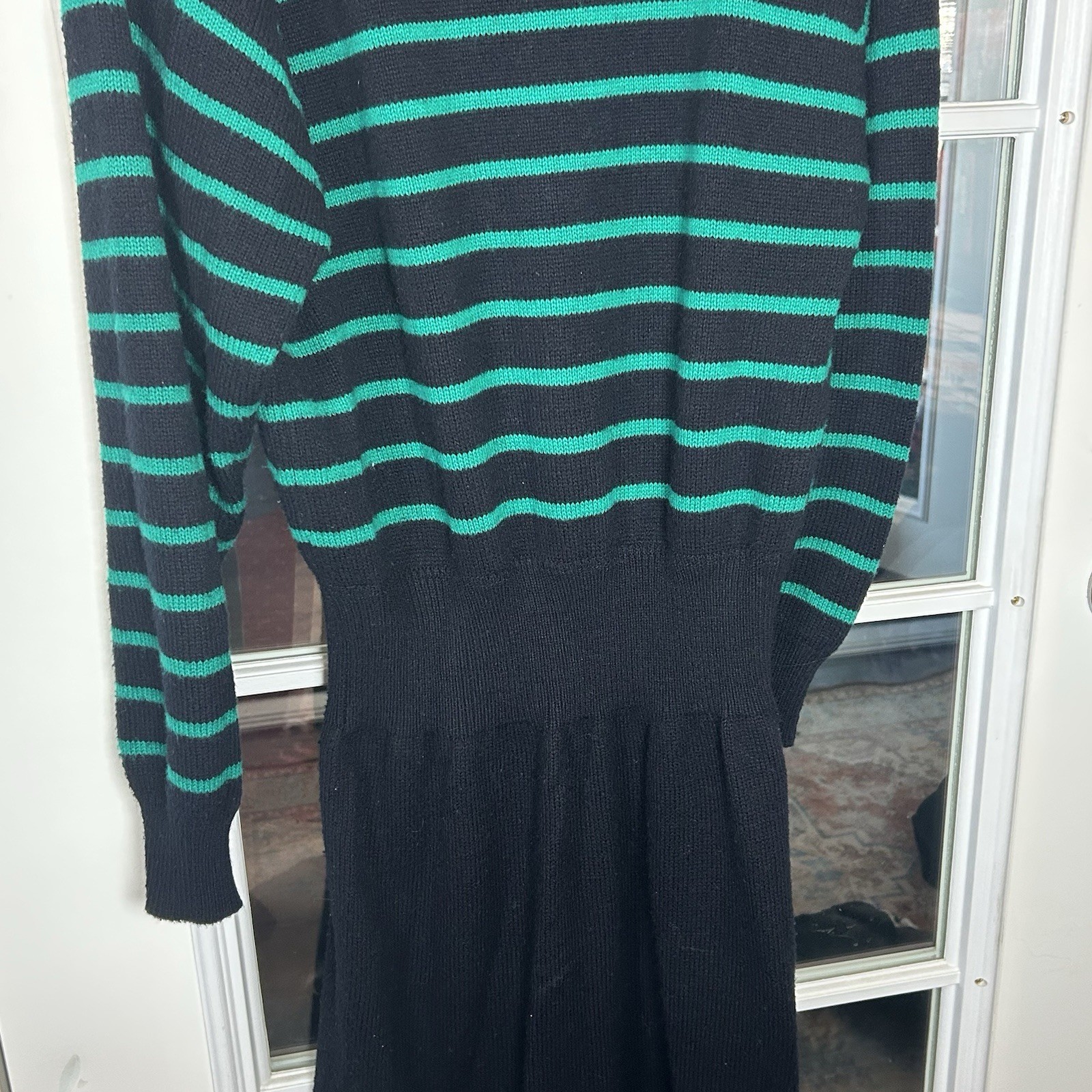 Vintage 70’s 80’s Sweater Dress Navy Blue And Green Striped Size Large