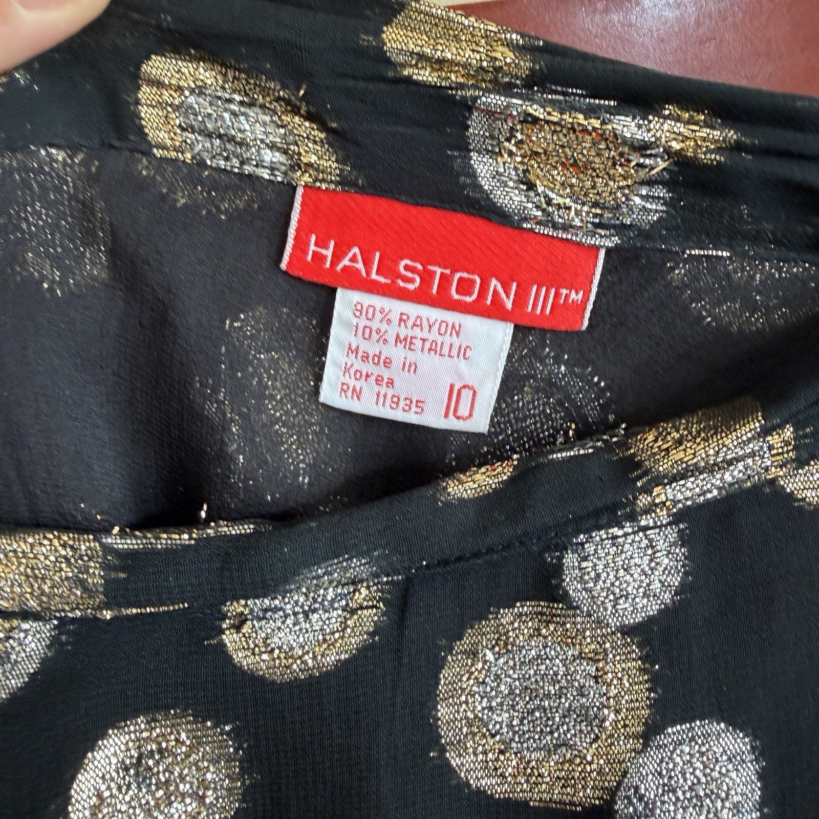 Vintage 80s Halston III Metallic Gold Silver Polka Dot Blouse Skirt Set Sz 10