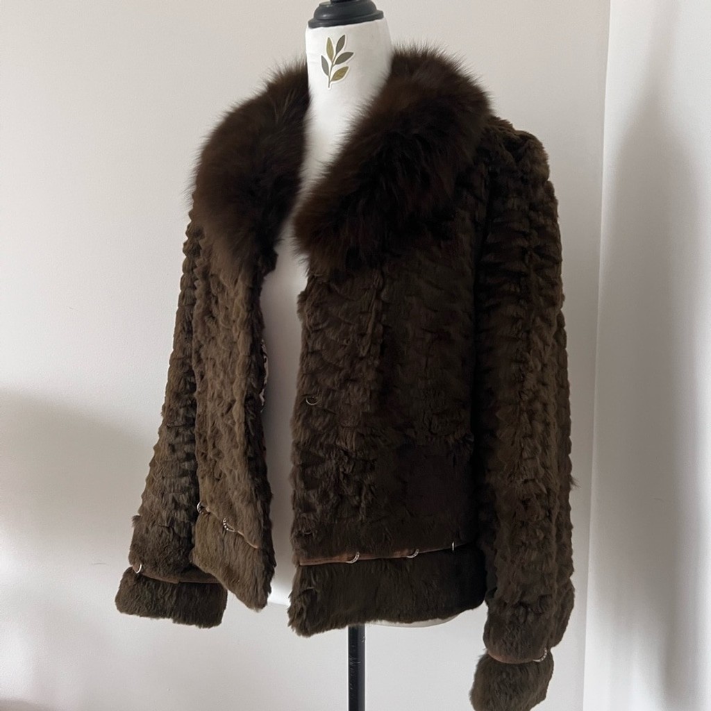 Vintage Brown-Green Real Rabbit & Fox Fur Jacket with Ring Details | Size M