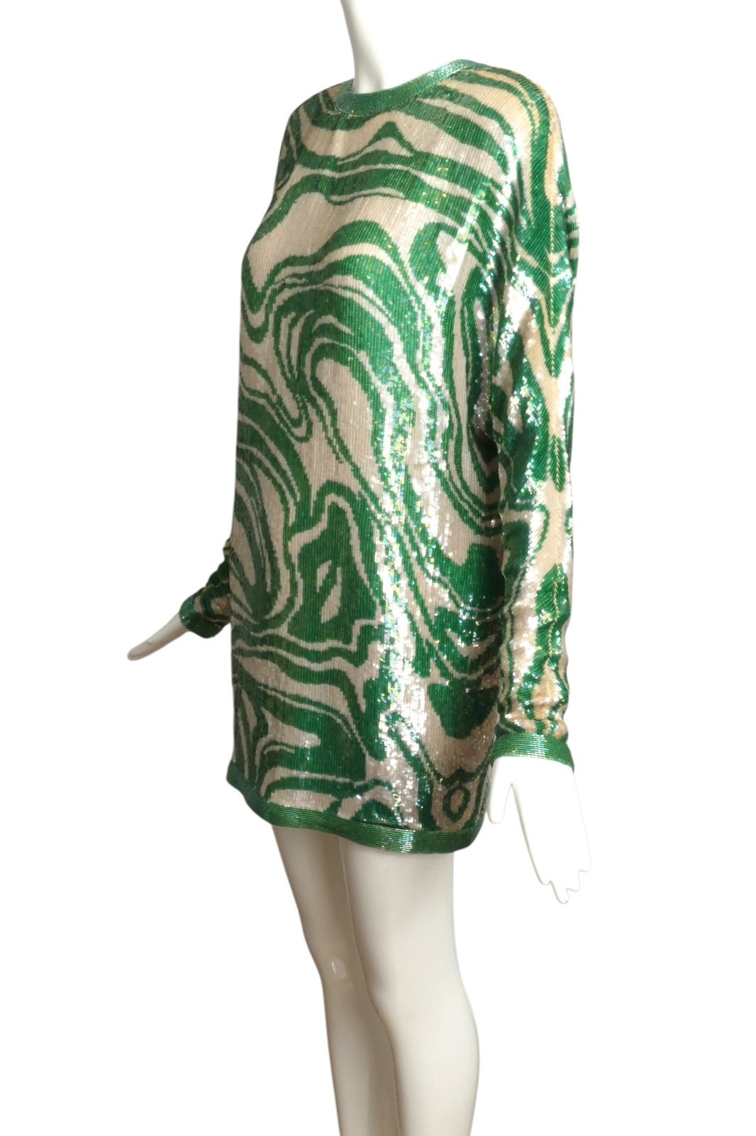 PIERRE CARDIN – 1989 Green & Ivory Sequin Cocktail Dress, Size 10