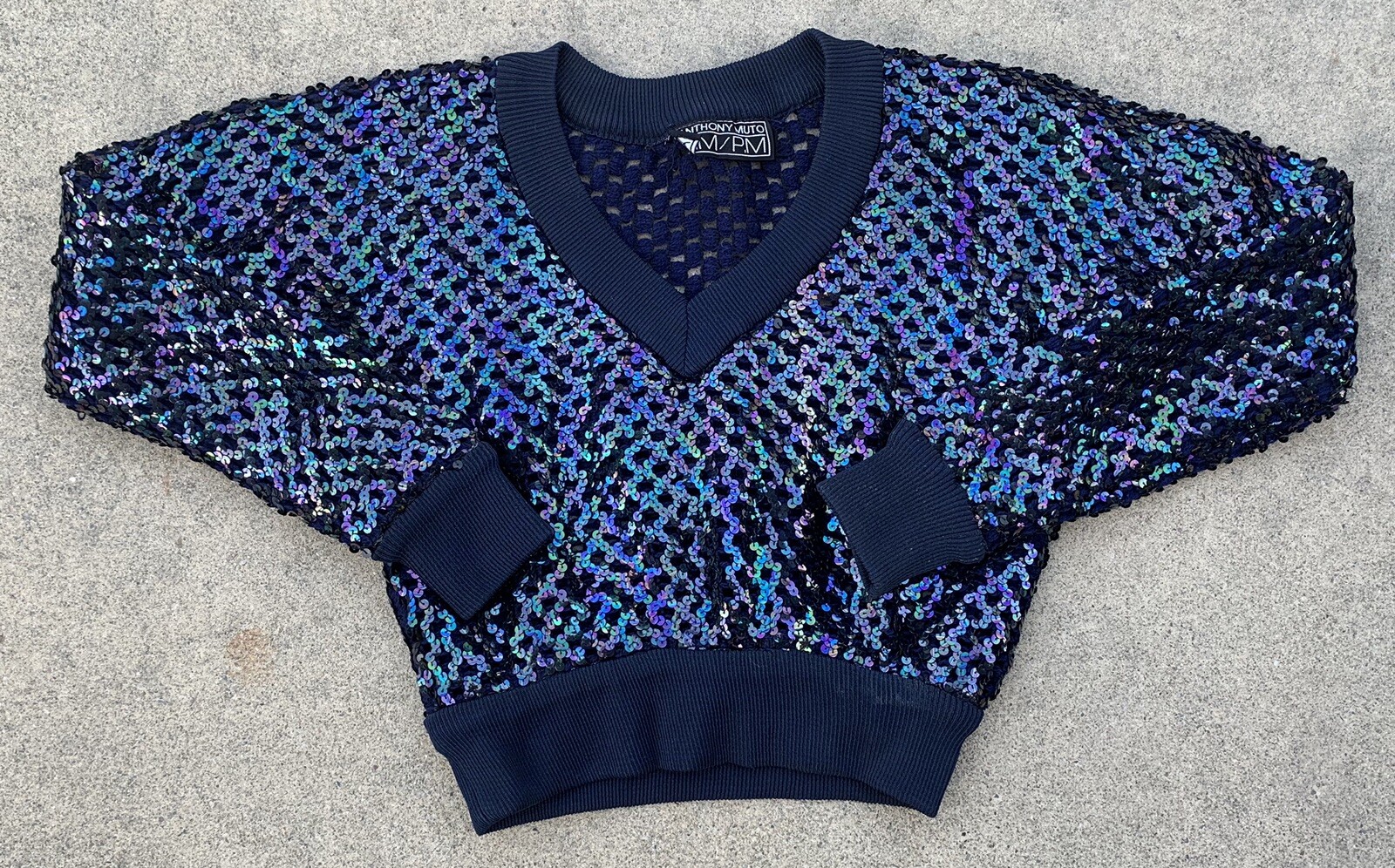 Vintage Anthony Muto AM PM Sequin Top Long Sleeve V Neck 70s 80s Size S M