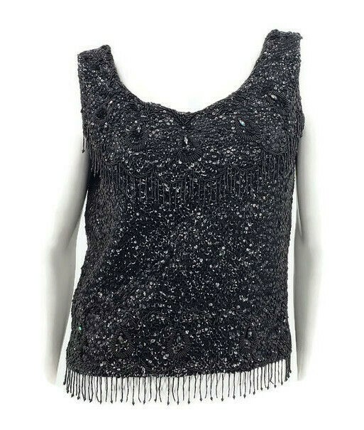 VTG Buffums Sleeveless Beaded Tank Top Black Sequins Fringe Wool Zippered