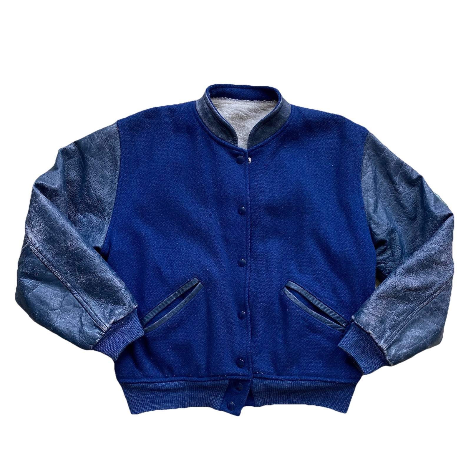 Vintage Blue Varsity Jacket Women’s Medium Wool Leather Sherpa Pile Lined