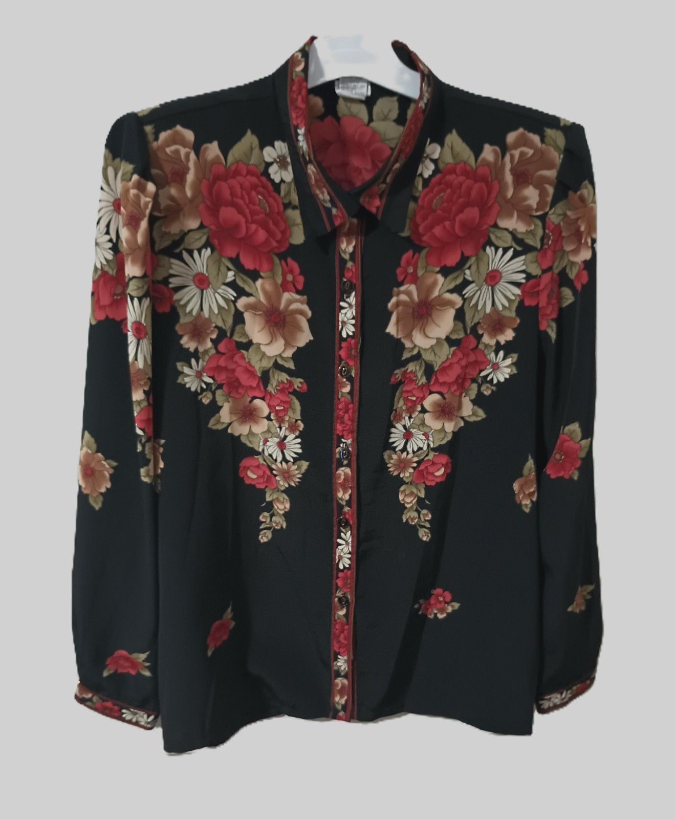 Vtg 80s Floral Bouquet Draped Button Up Blouse Top kitsch baroque M