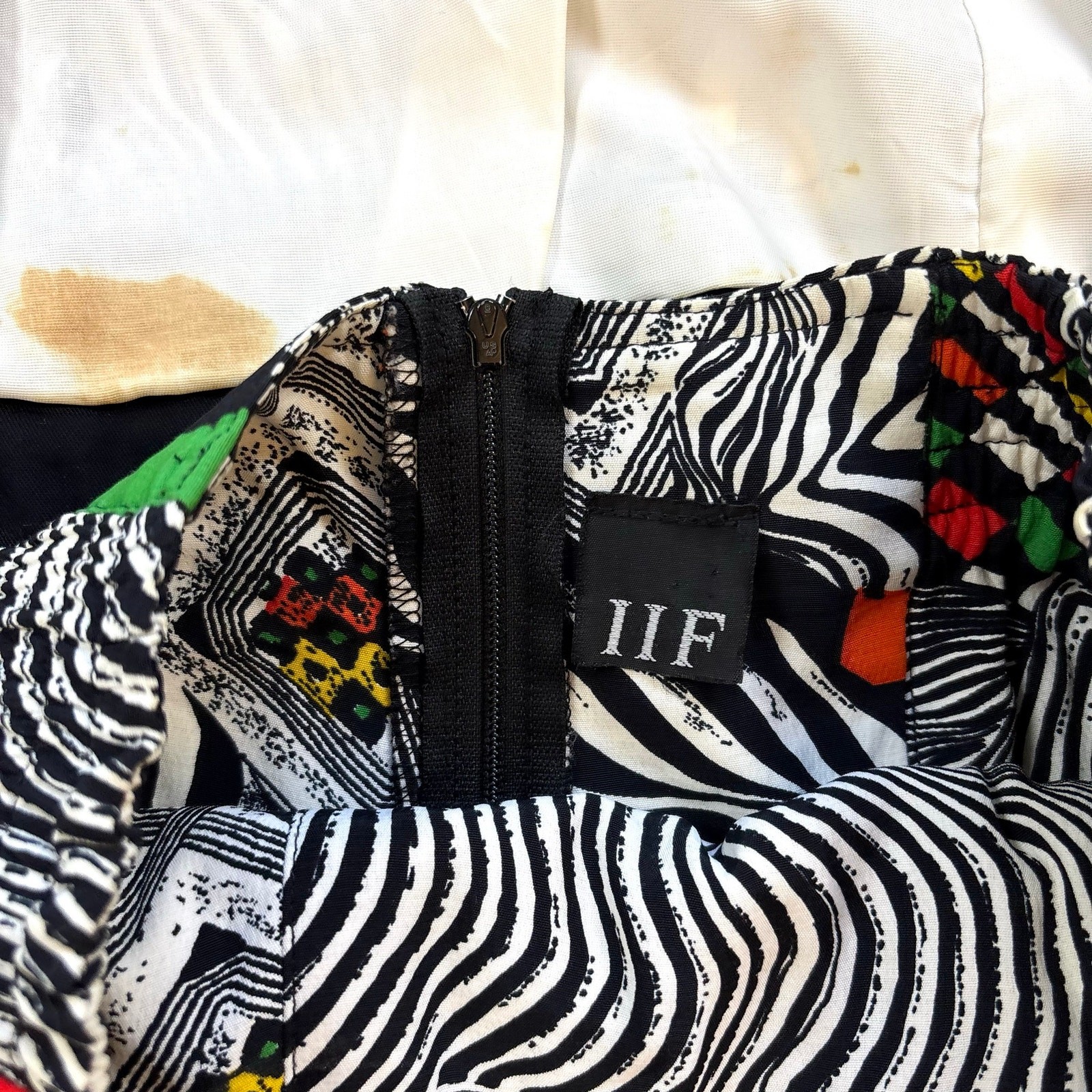 1980s IIF Zebra Geometric Print Skirt Set Blazer Car Wash Fringe Mini Two Piece