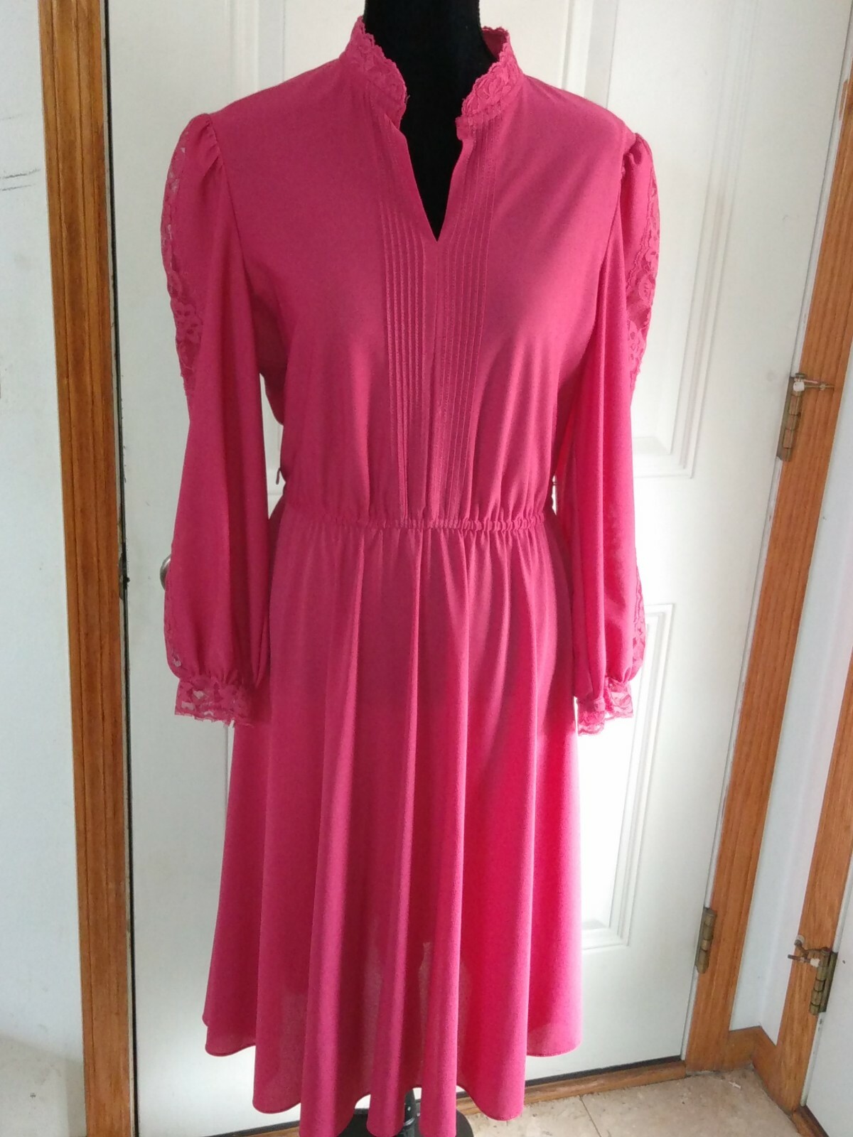 Vtg Jane Baar Dress Raspberry LS Lace Front Collar Elastic Waist No Sz Tag M/L