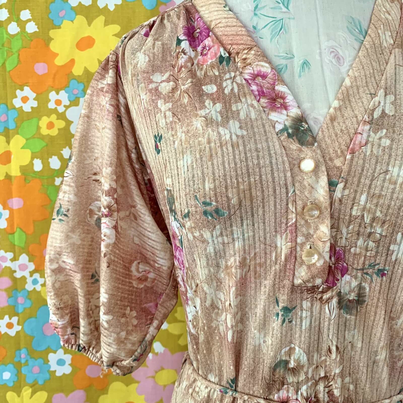 vintage 70s boho floral balloon sleeve peasant blouse S/M