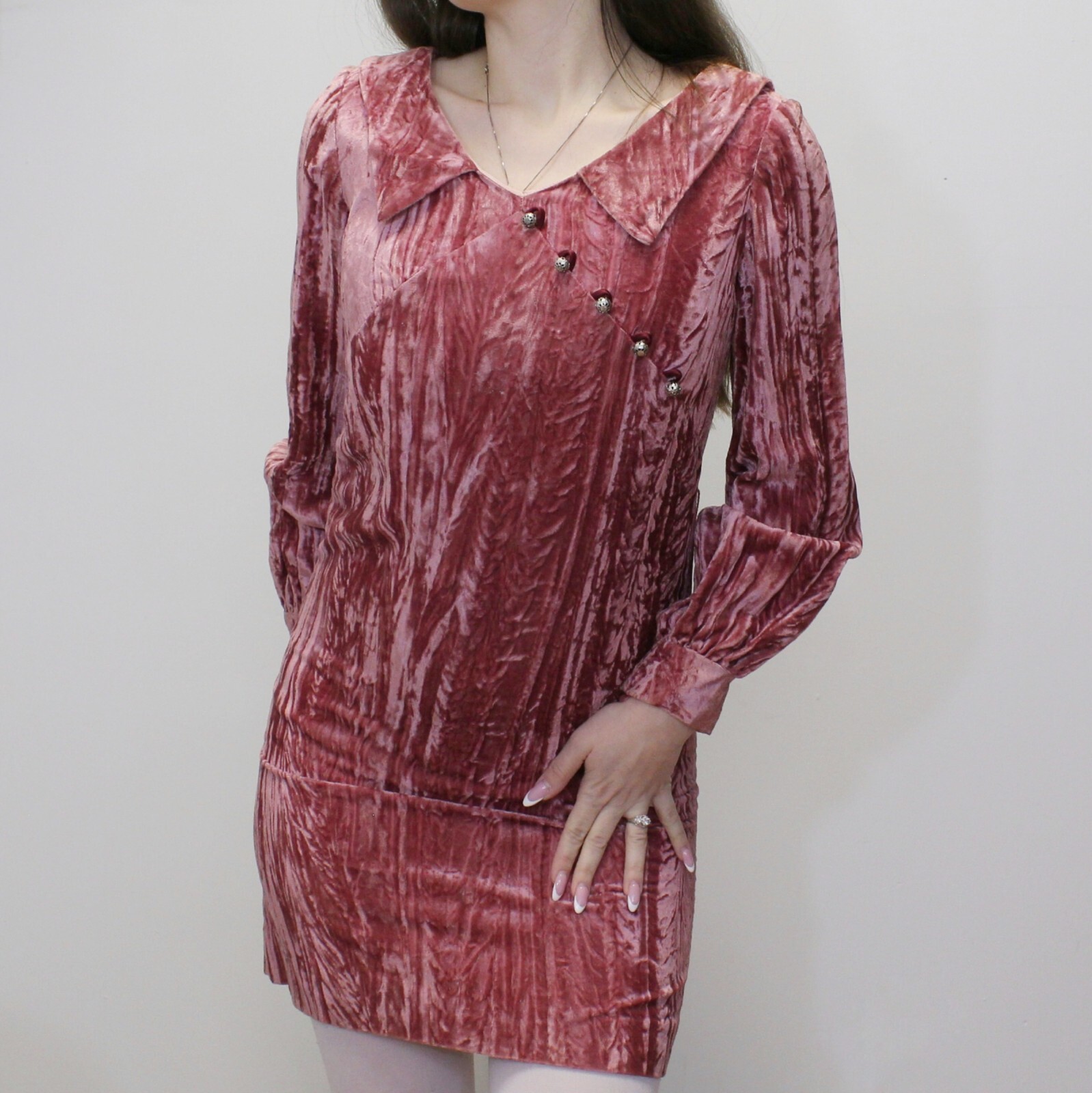 Vintage 60s Pink Crushed Velvet Mod Babydoll Mini Dress from Petites by Suzy